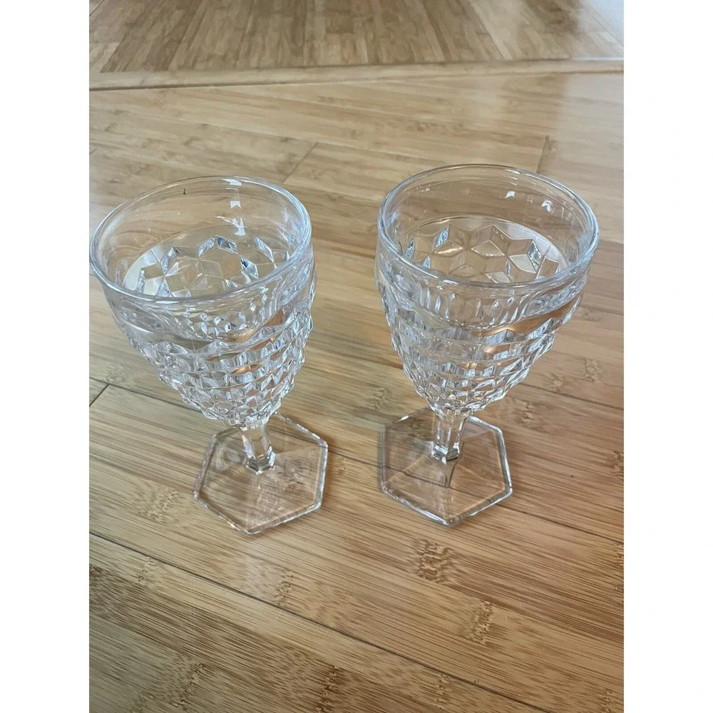 Set of 2 Vintage Fostoria‎ American Water Goblets Clear Glasses Hex Foot 6-7/8